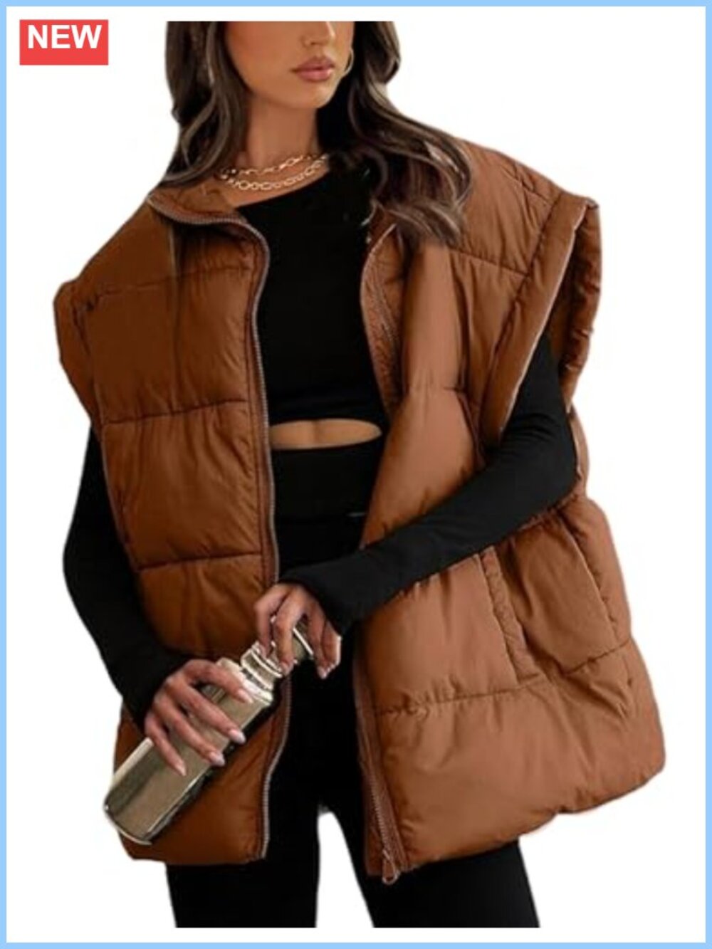 Women's Oversized Puffer Vest Stand Collar Lightweight Quilted Zip Winter